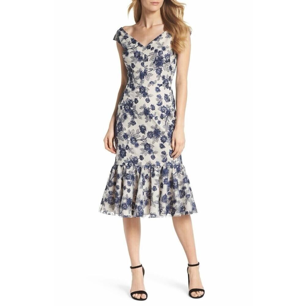NWT Gal Meets Glam Rosemary Floral Embroidered Midi Dress Navy Nights $198 Sz 2